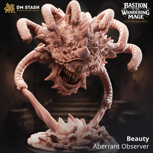 Beauty Aberrant Observer beholder resin miniature by DM Stash hovering over a 50mm cavern base with writhing eye stalks, printed by D&K Custom Prints.