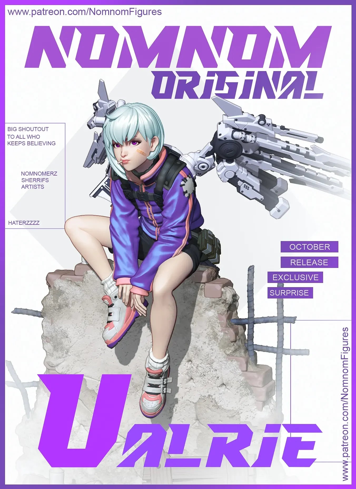 Color render of Valrie fully painted, showing cyberpunk style and futuristic gear.