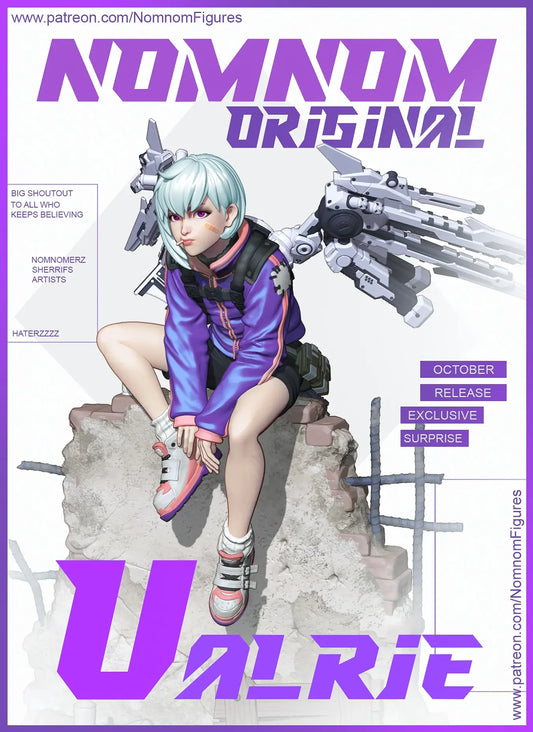Color render of Valrie fully painted, showing cyberpunk style and futuristic gear.