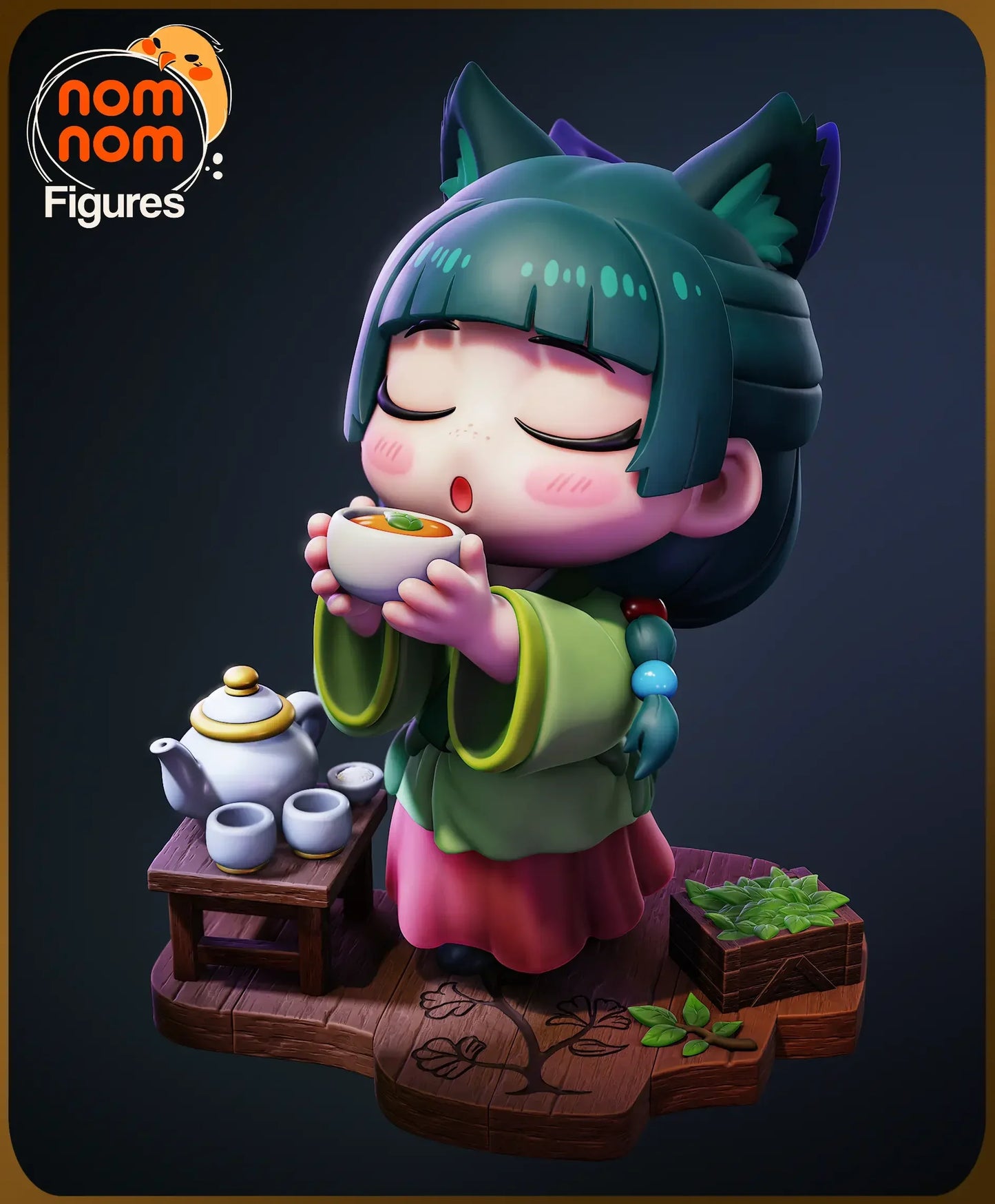Animated character with blue hair and cat ears holding a teacup, with 'nom nom Figures' branding.