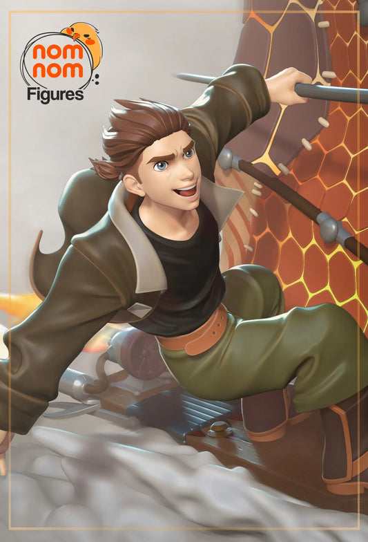 Jim Hawkins smiling on his solar surfboard from Treasure Planet, close-up illustration style.