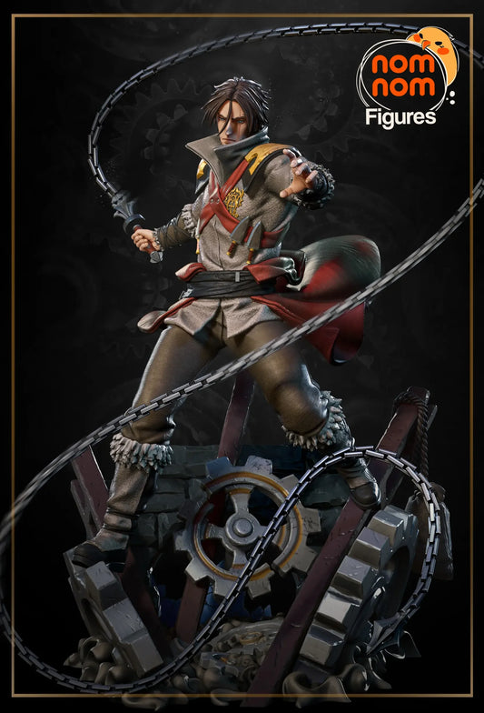 digital render of painted Trevor Belmont Castlevania figure with whip and gears