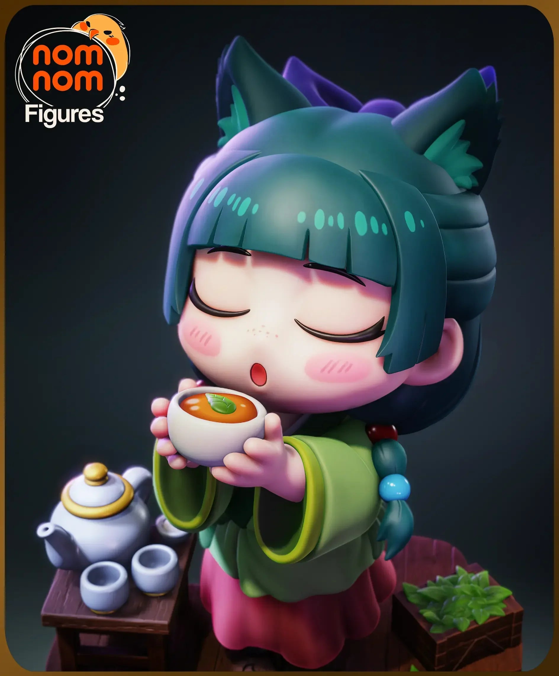 Animated character with teal hair and cat ears holding a cup of tea, with 'nom nom Figures' logo.