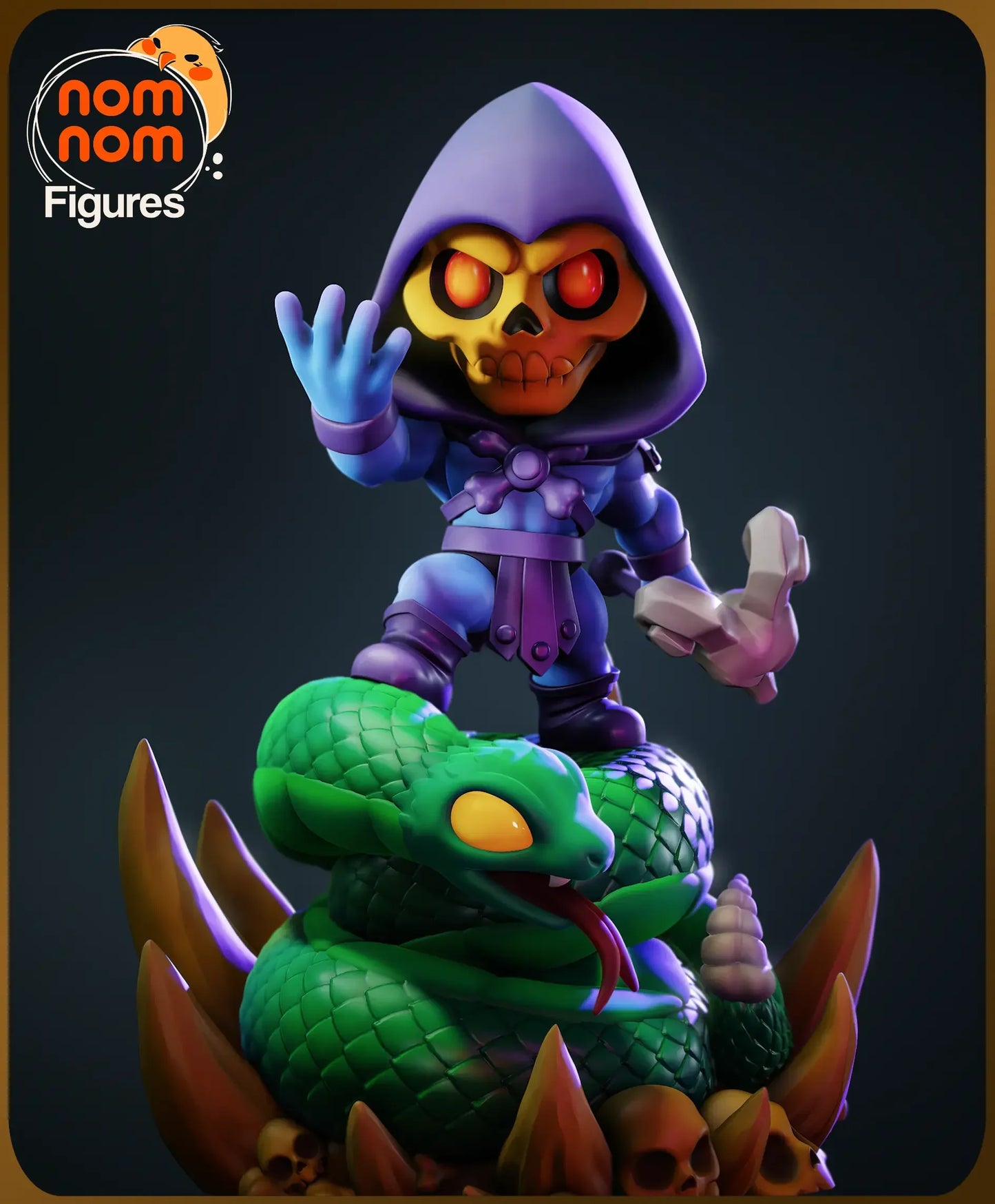 Closeup digital render of Chibi Skeletor smiling with snake head