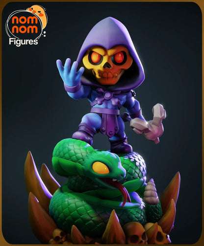 Closeup digital render of Chibi Skeletor smiling with snake head