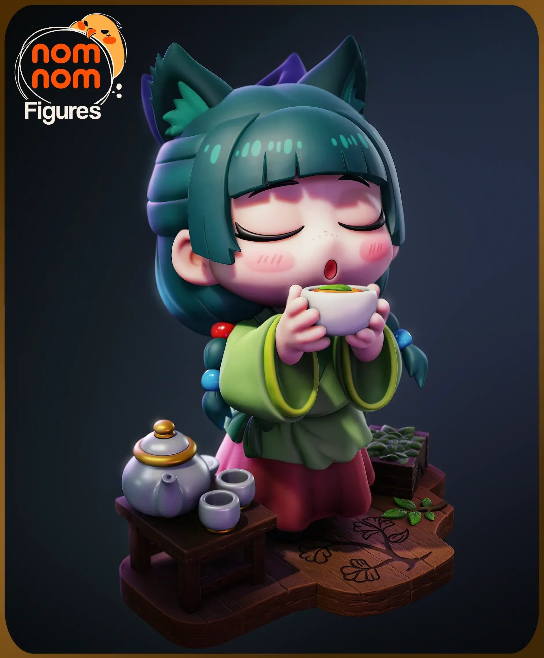 Digital render of Chibi Maomao with tea set and crate Apothecary Diaries