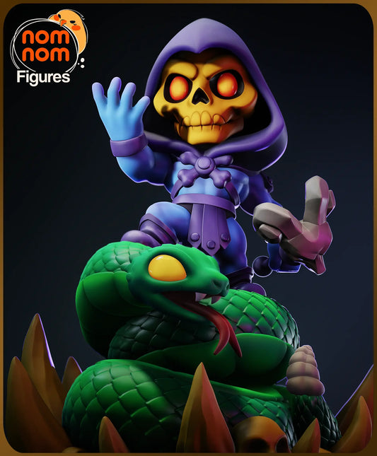 Chibi Skeletor 3D model on snake throne front view digital render