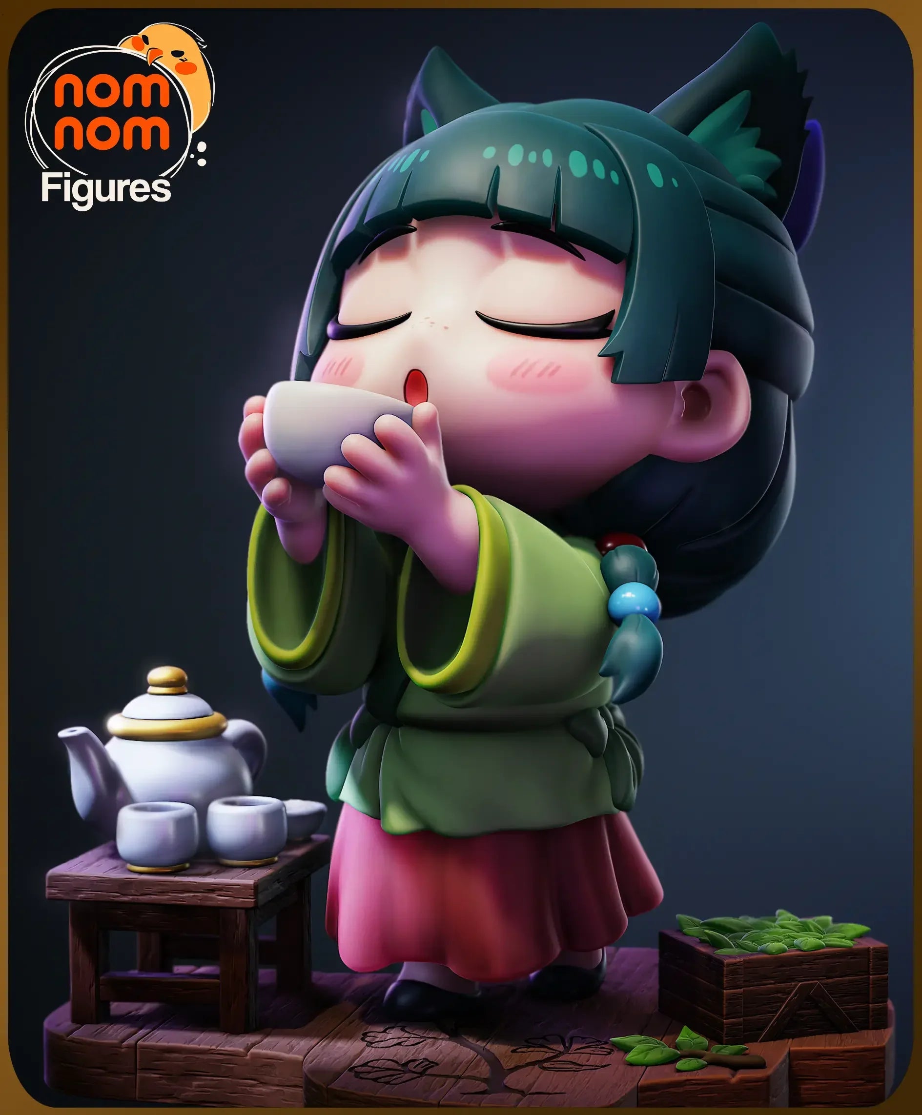 Rendered image of Chibi Maomao with tea set and crate Apothecary Diaries
