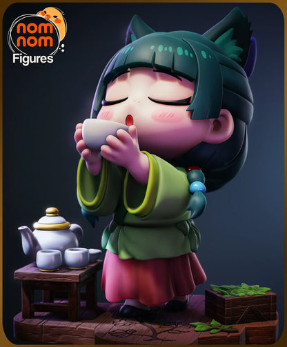 Rendered image of Chibi Maomao with tea set and crate Apothecary Diaries
