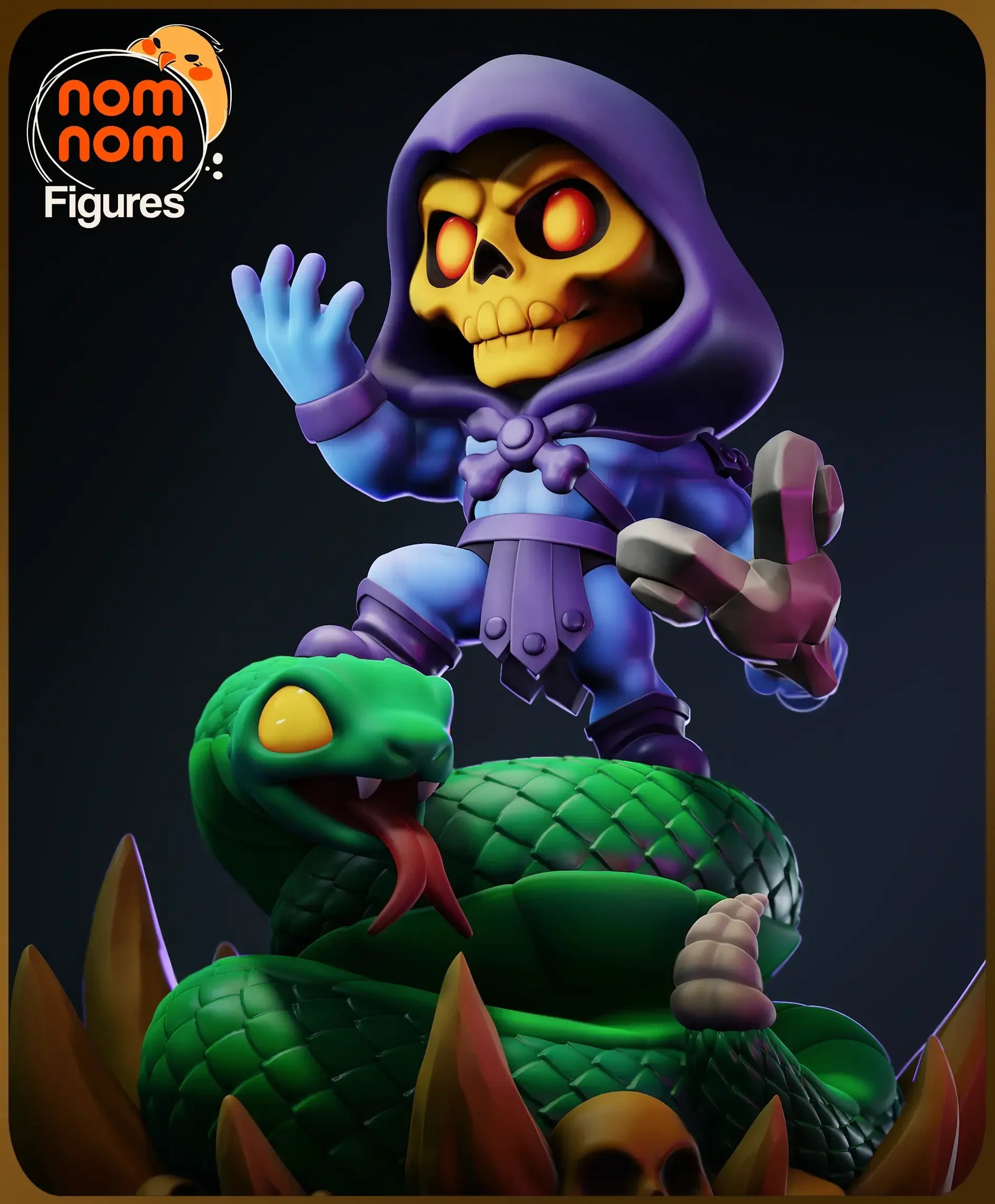 Angled digital render of Chibi Skeletor on throne holding staff