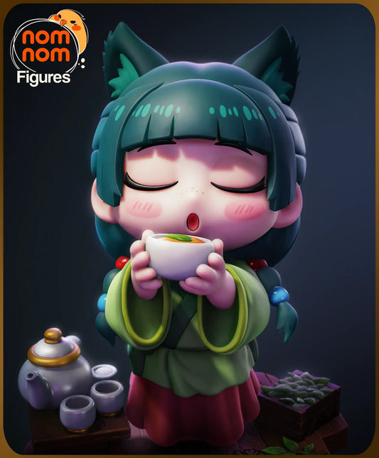 Rendered painting of Chibi Maomao with tea set and crate Apothecary Diaries