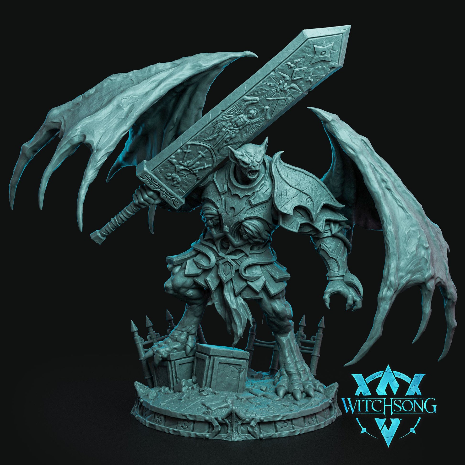 Beledrin's Anguish resin miniature and bust – winged demon with massive sword, fantasy villain TTRPG centerpiece