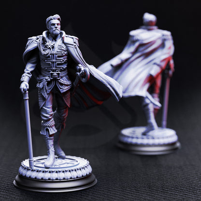 Benoit Blood-Eyes General of the Damned resin miniature, vampire commander in ornate armor with cape, cane, and sword – collectible TTRPG villain