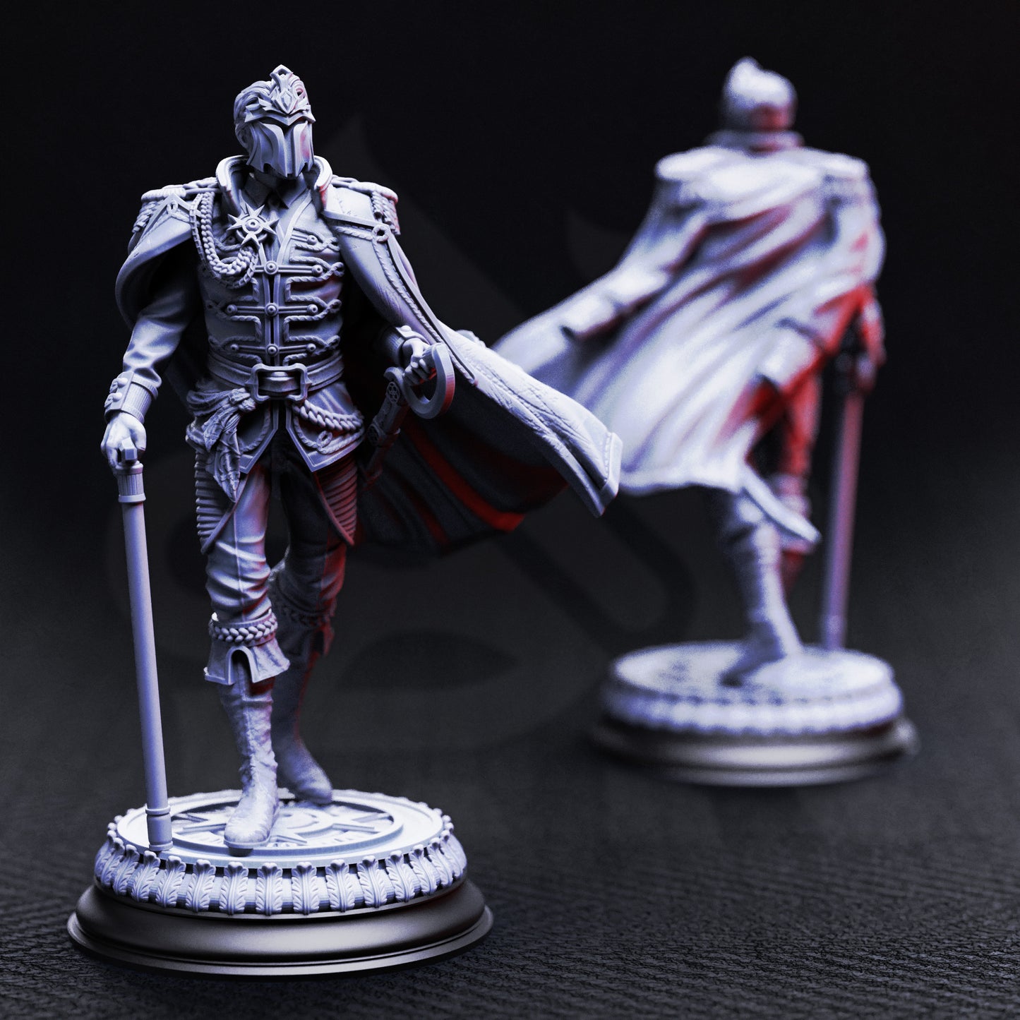 Benoit Blood-Eyes General of the Damned resin miniature, vampire commander in ornate armor with cape, cane, and sword – collectible TTRPG villain
