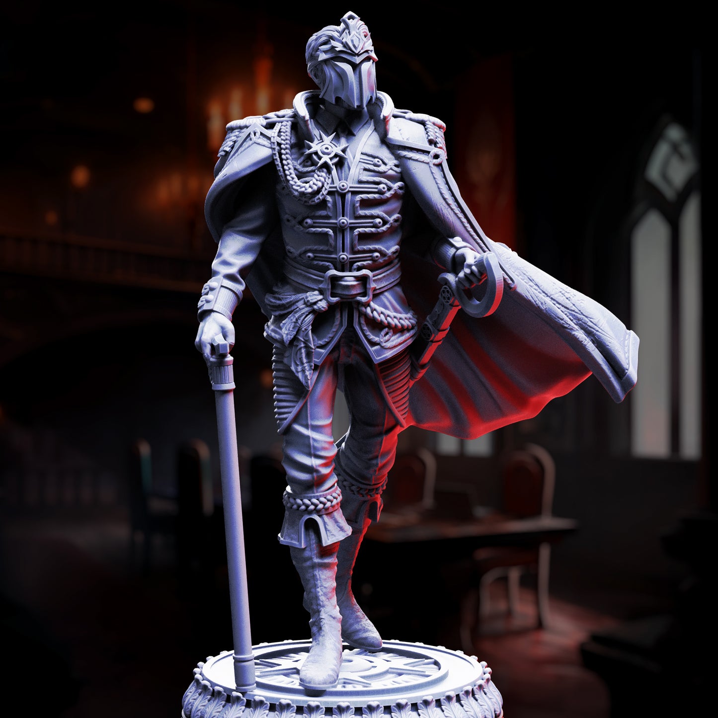 Benoit Blood-Eyes General of the Damned resin miniature, vampire commander in ornate armor with cape, cane, and sword – collectible TTRPG villain