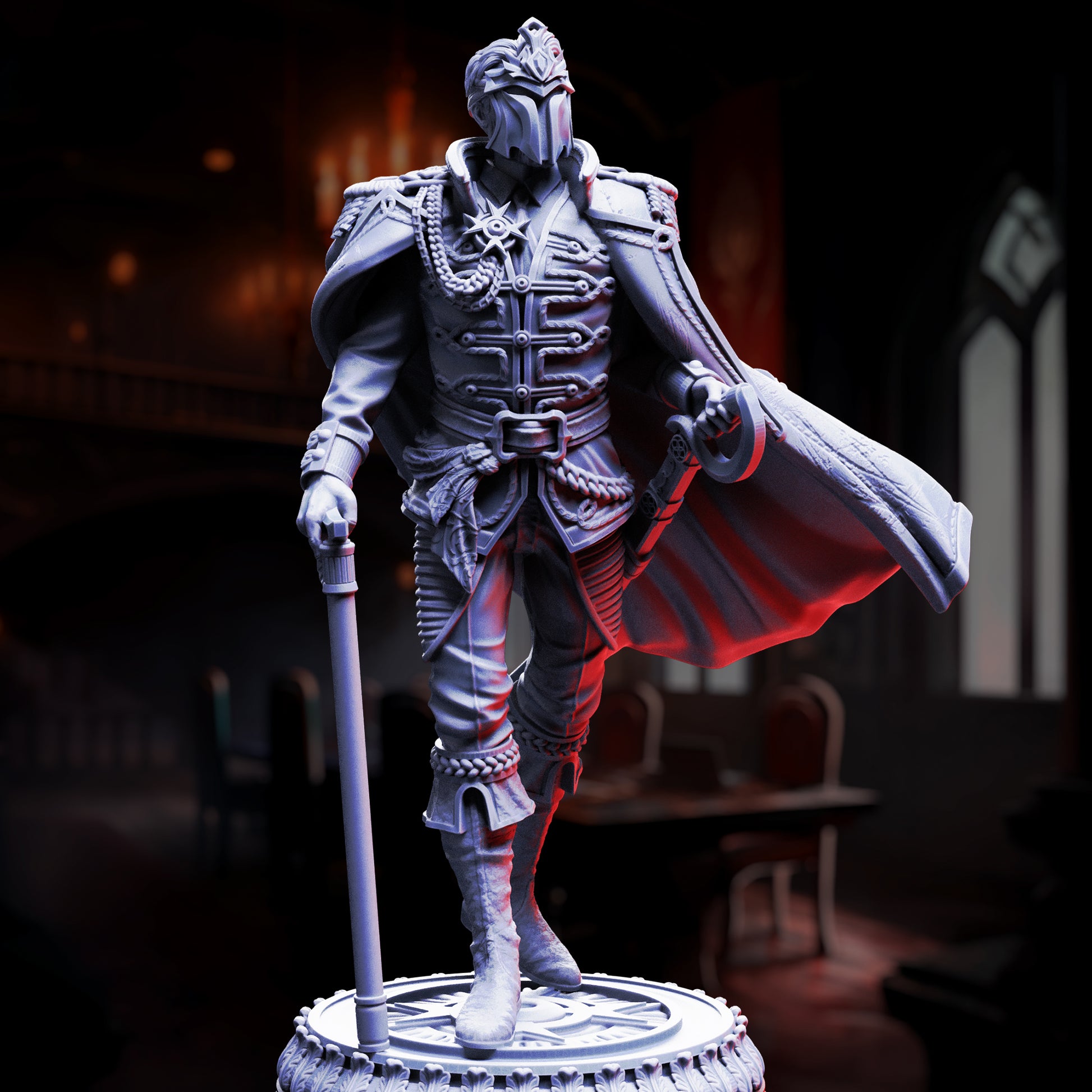 Benoit Blood-Eyes General of the Damned resin miniature, vampire commander in ornate armor with cape, cane, and sword – collectible TTRPG villain