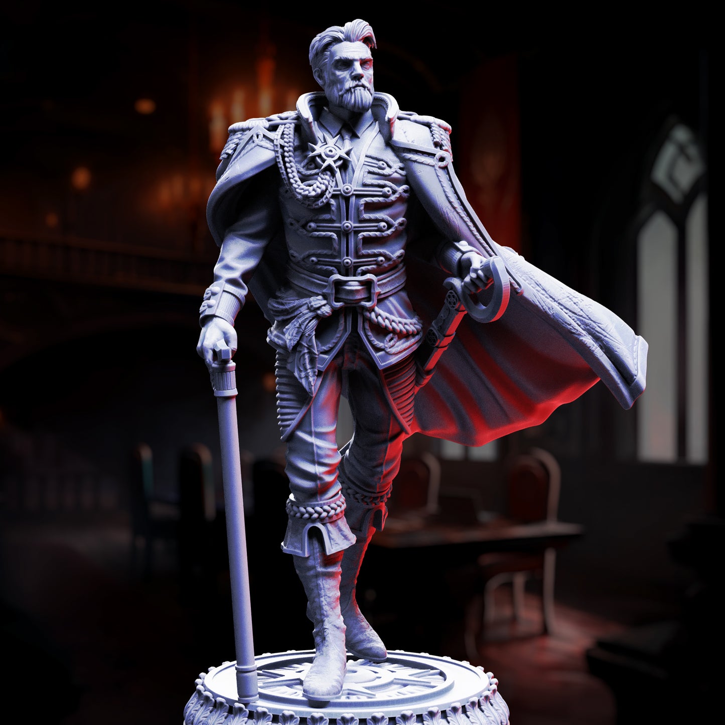 Benoit Blood-Eyes General of the Damned resin miniature, vampire commander in ornate armor with cape, cane, and sword – collectible TTRPG villain