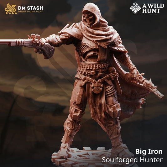 Big Iron – Soulforged Hunter resin miniature for D&D and TTRPGs, available in 32 mm and 75 mm scales, printed by D&K Custom Prints
