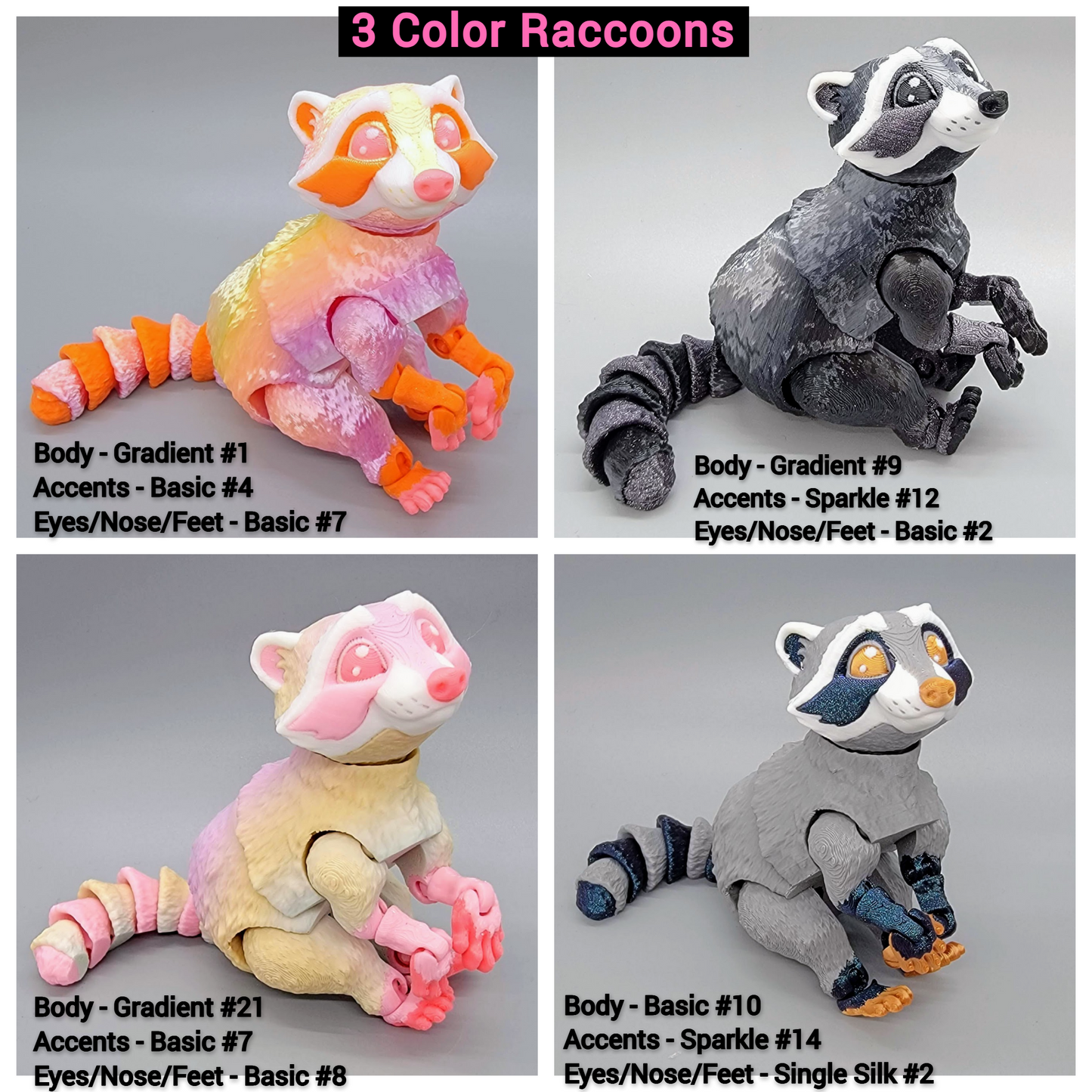 Articulated Raccoon Toy – 3D Printed Posable Fidget in 3 Sizes & Custom Colors