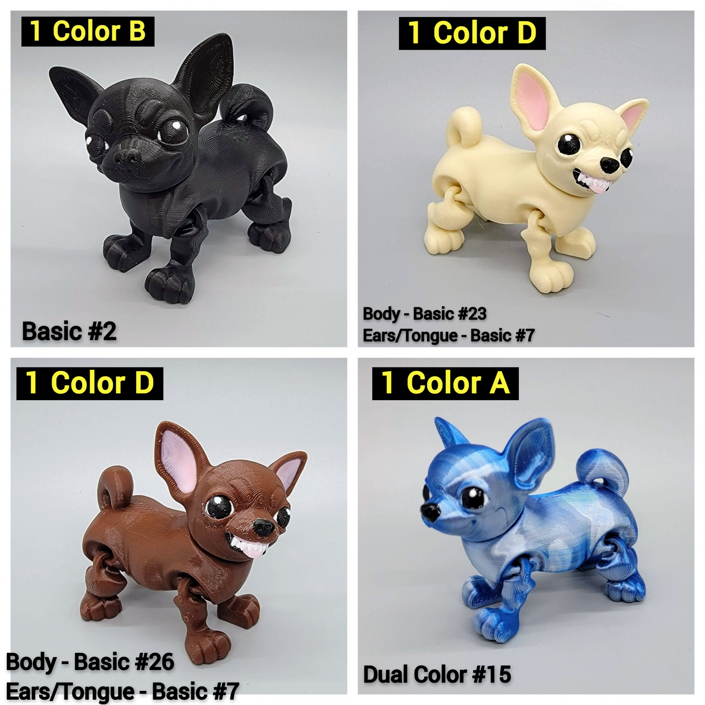 3D Printed Articulated Chihuahua Toy – Custom Faces & Colors in 2 Sizes