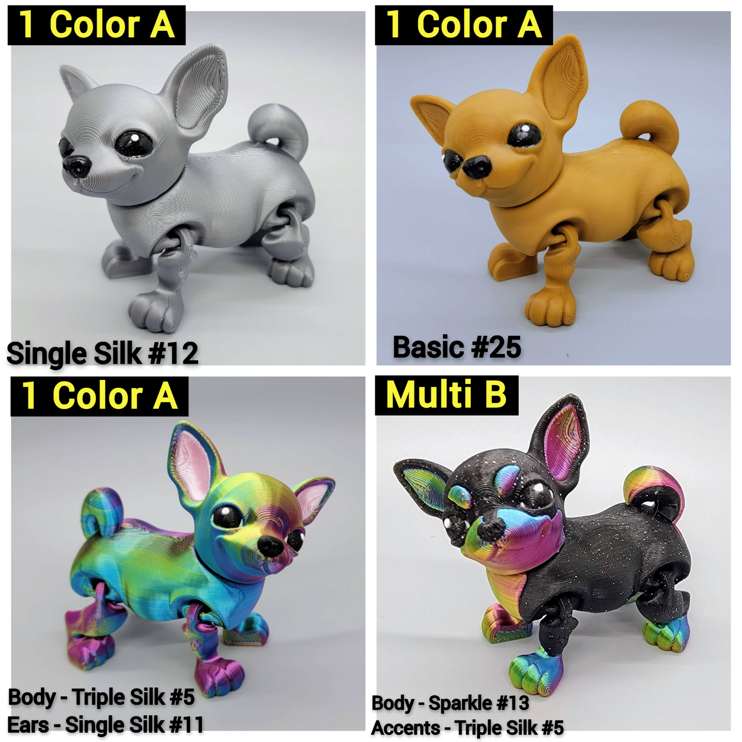 3D Printed Articulated Chihuahua Toy – Custom Faces & Colors in 2 Sizes