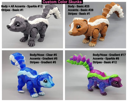Custom color 3D printed skunk toys in four unique color combinations including sparkle, gradient, and basic filaments – all fully articulated and poseable.