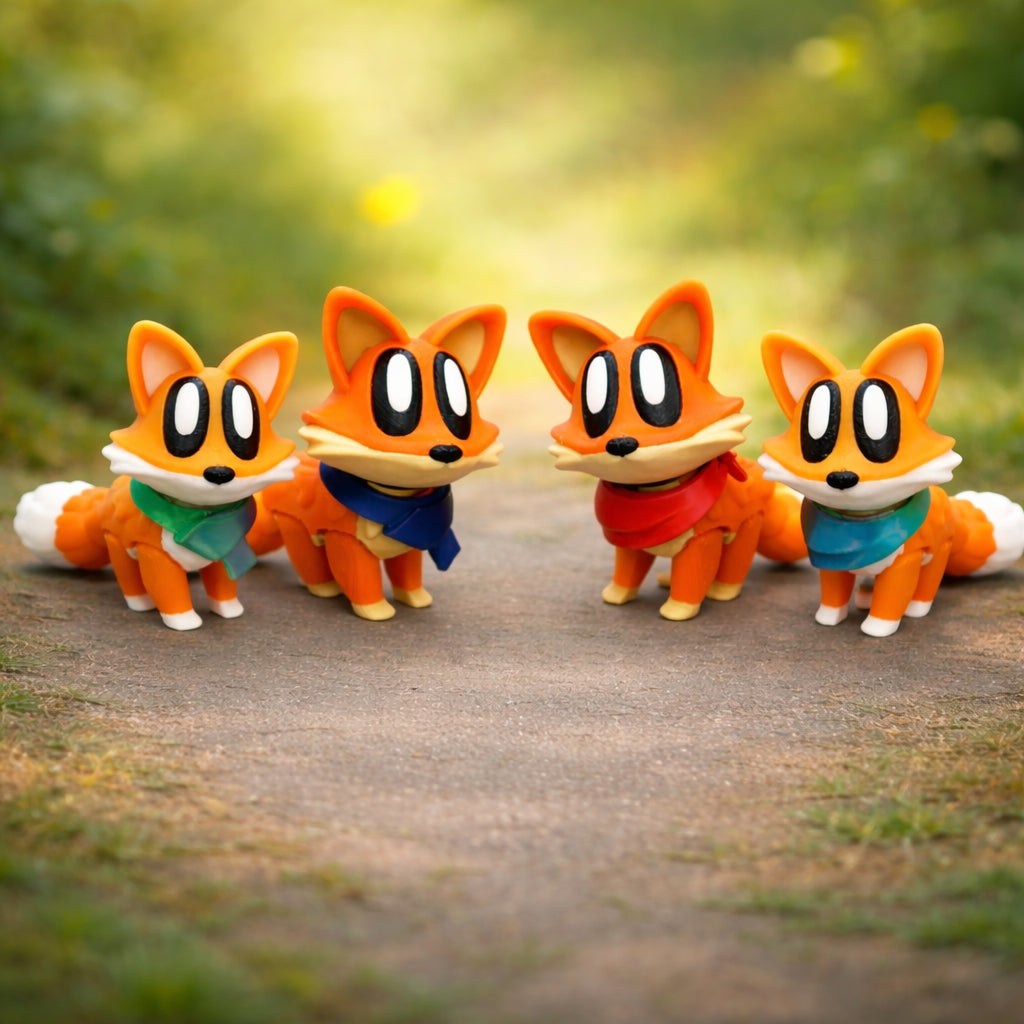 Four orange blob fox toys standing on a forest path, each fox wearing a different colored bandana or scarf with white tipped tails and large cartoon eyes