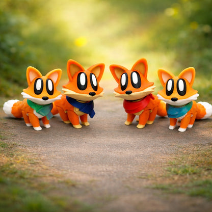 Four orange blob fox toys standing on a forest path, each fox wearing a different colored bandana or scarf with white tipped tails and large cartoon eyes