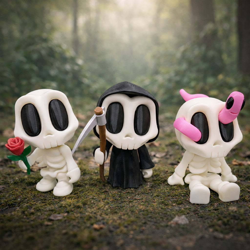 Three blob style skeleton toys with large black eyes standing side by side on a soft neutral background, featuring cute spooky character designs in white and black plastic