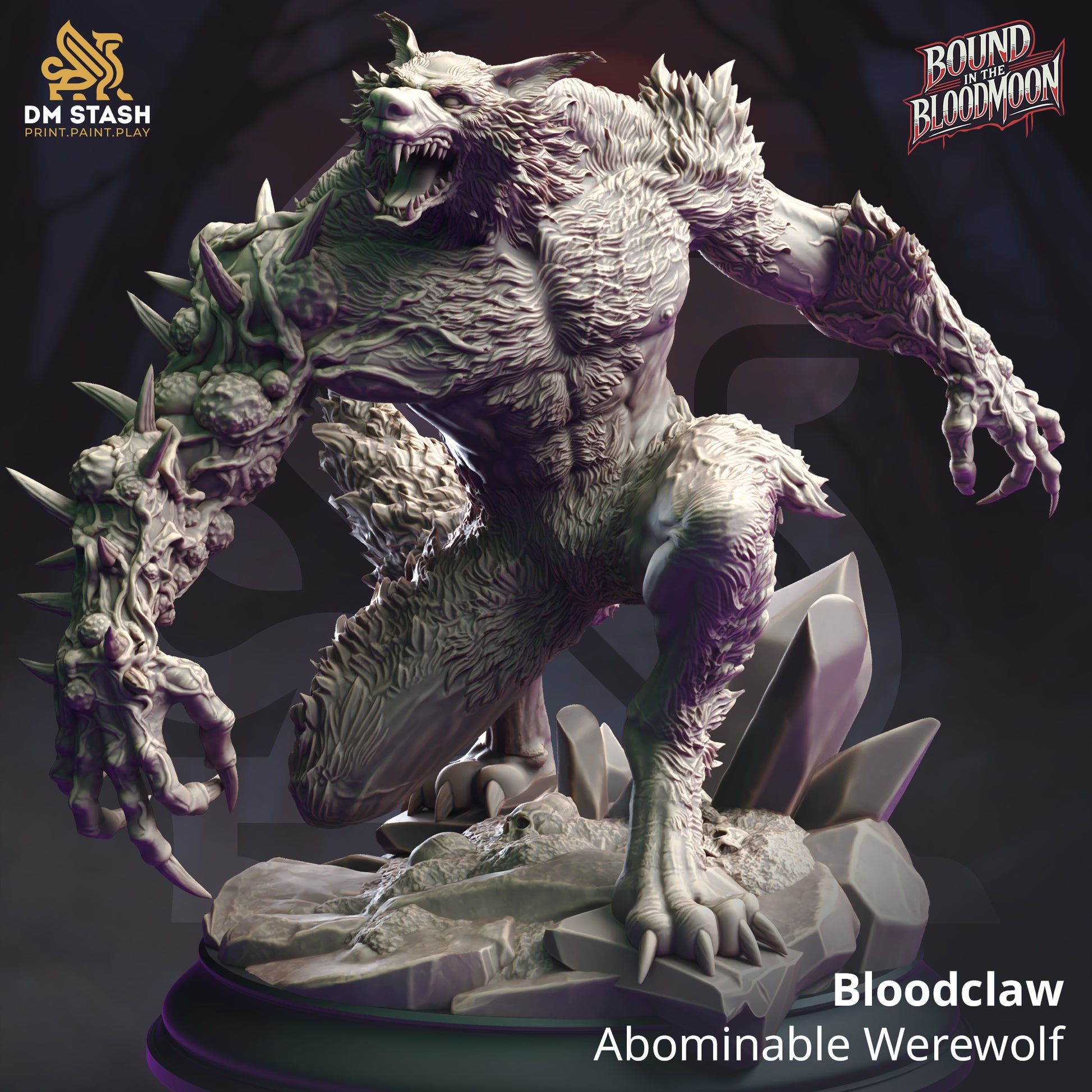 Bloodclaw Abominable Werewolf large sized resin miniature with spiked arm and feral snarl on a rocky base, perfect for TTRPG boss encounters.