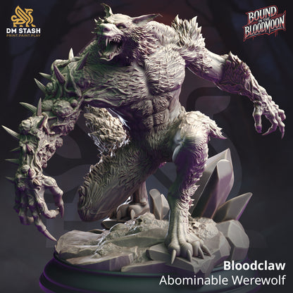 Bloodclaw Abominable Werewolf large sized resin miniature with spiked arm and feral snarl on a rocky base, perfect for TTRPG boss encounters.