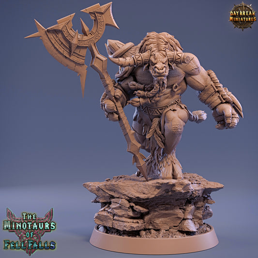 Minotaur figurine with a spear on a blue background, featuring Daybreak Miniatures branding.