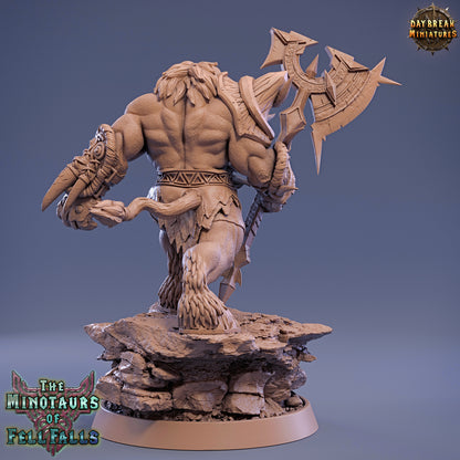 Minotaur figurine with a weapon on a blue background, featuring 'Daybreak Miniatures' branding.