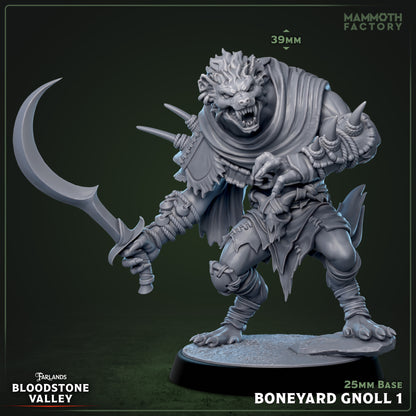 Boneyard Gnoll resin miniature 3D print from Bloodstone Valley, fantasy monster figure on 25mm base, available raw, primed, or painted.