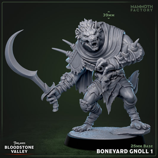 Boneyard Gnoll resin miniature 3D print from Bloodstone Valley, fantasy monster figure on 25mm base, available raw, primed, or painted.