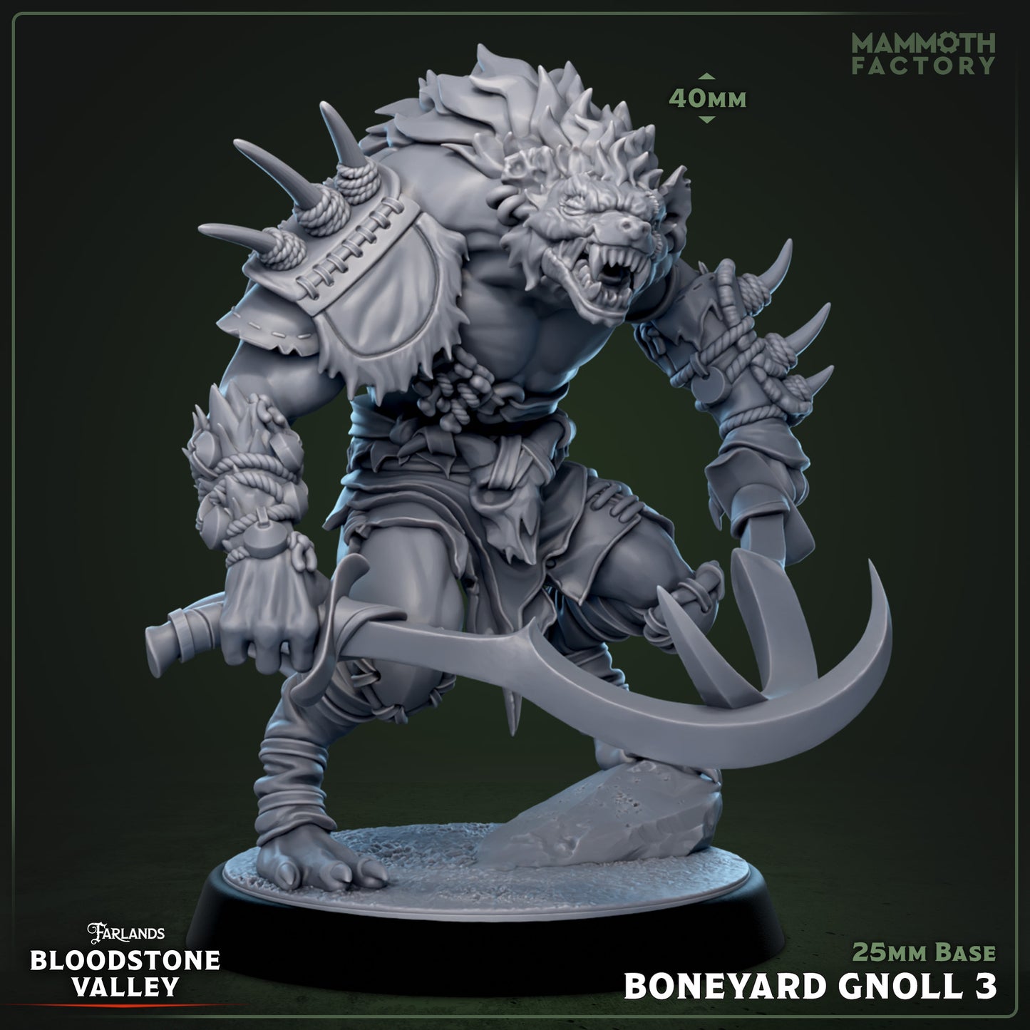 Boneyard Gnoll resin miniature 3D print from Bloodstone Valley, fantasy monster figure on 25mm base, available raw, primed, or painted.
