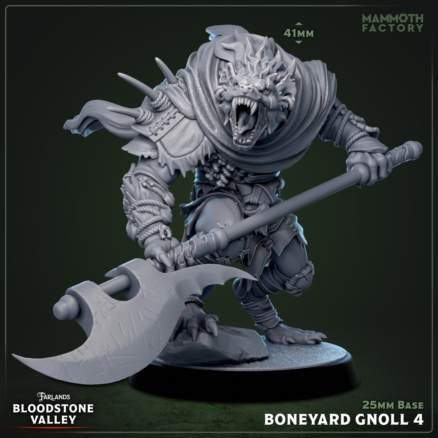 Boneyard Gnoll resin miniature 3D print from Bloodstone Valley, fantasy monster figure on 25mm base, available raw, primed, or painted.