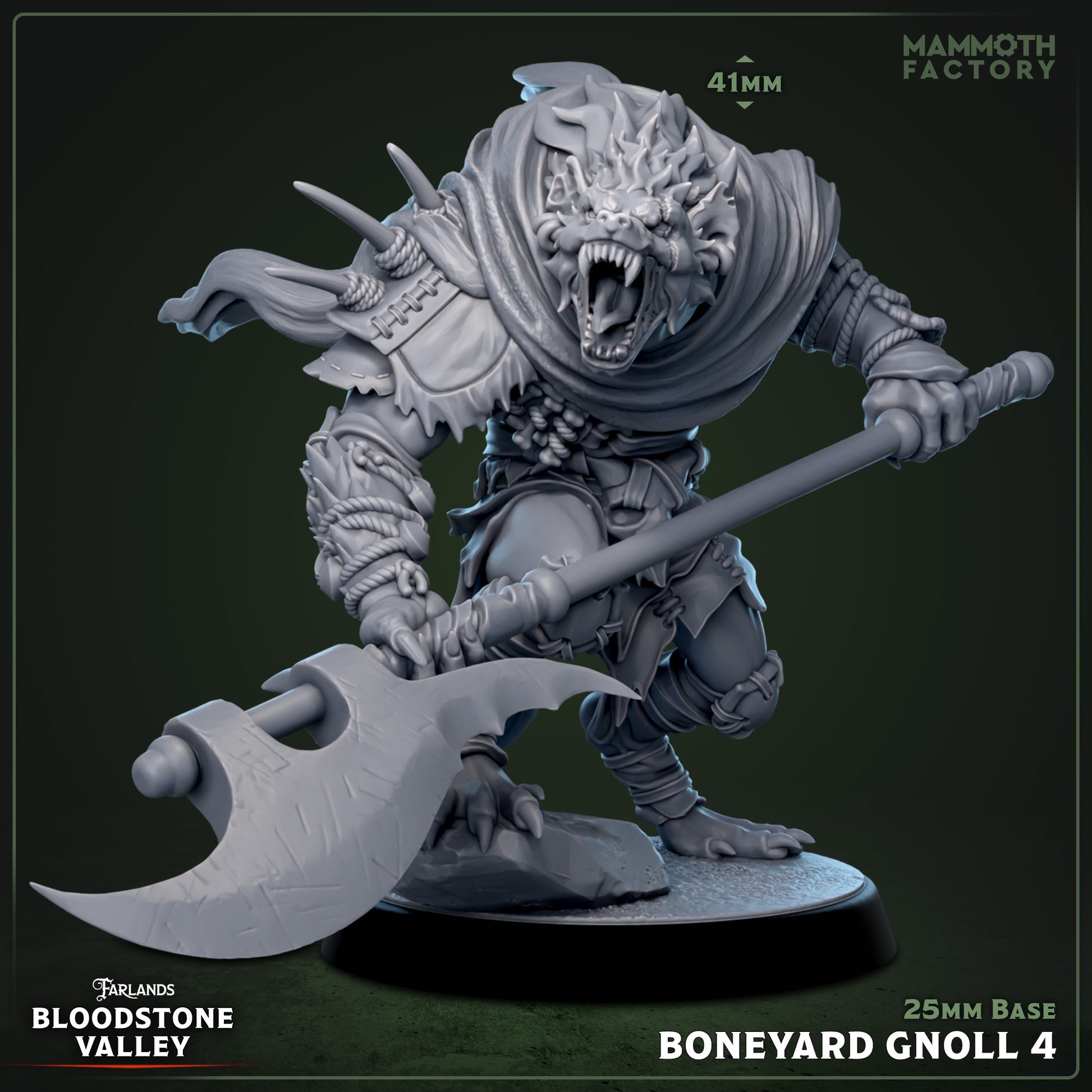 Boneyard Gnoll resin miniature 3D print from Bloodstone Valley, fantasy monster figure on 25mm base, available raw, primed, or painted.