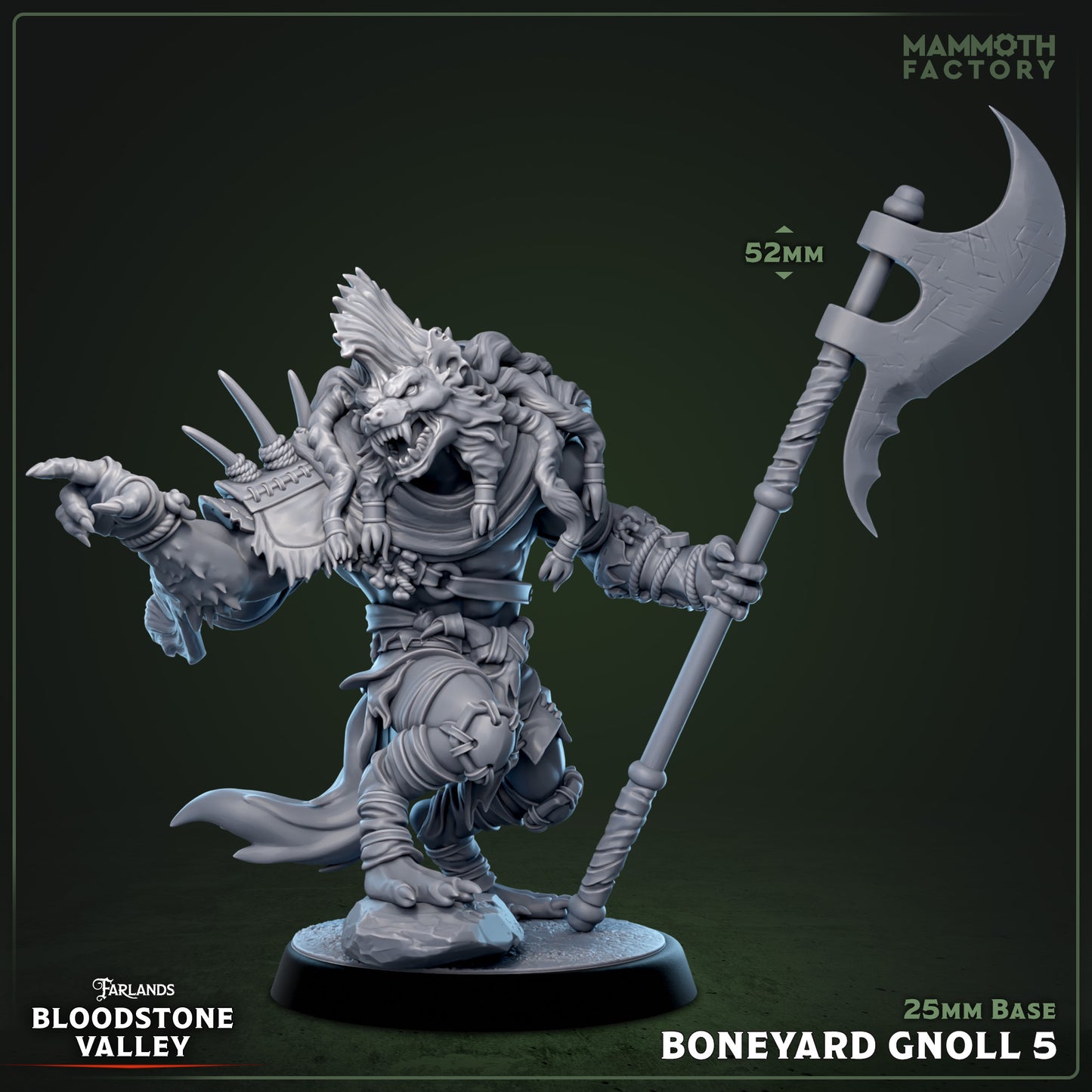 Boneyard Gnoll resin miniature 3D print from Bloodstone Valley, fantasy monster figure on 25mm base, available raw, primed, or painted.