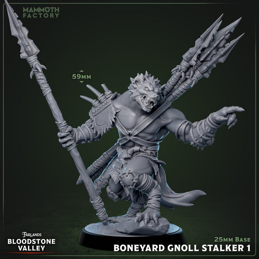 Boneyard Gnoll Stalkers resin miniature set from Bloodstone Valley, fantasy monsters with spears on 25mm bases, available DIY kit, raw, primed, or painted.