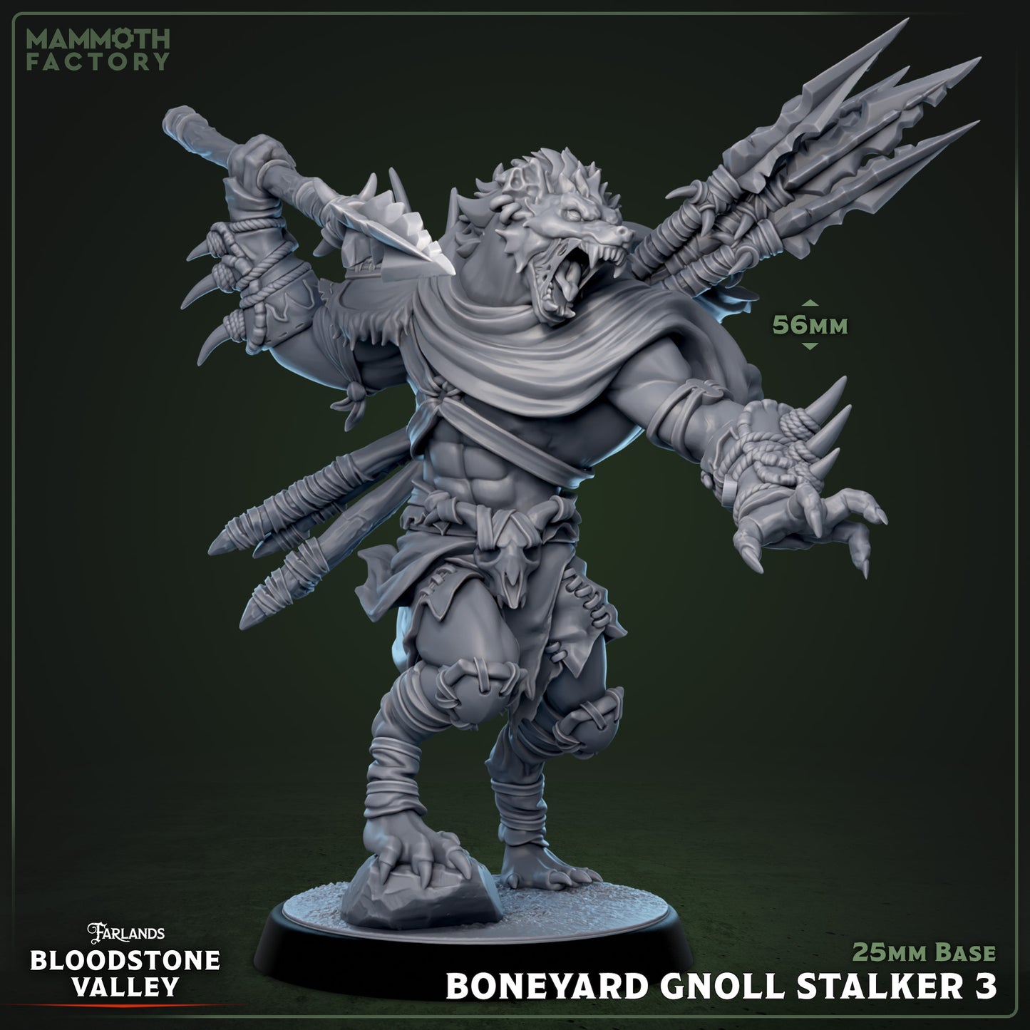 Boneyard Gnoll Stalkers resin miniature set from Bloodstone Valley, fantasy monsters with spears on 25mm bases, available DIY kit, raw, primed, or painted.