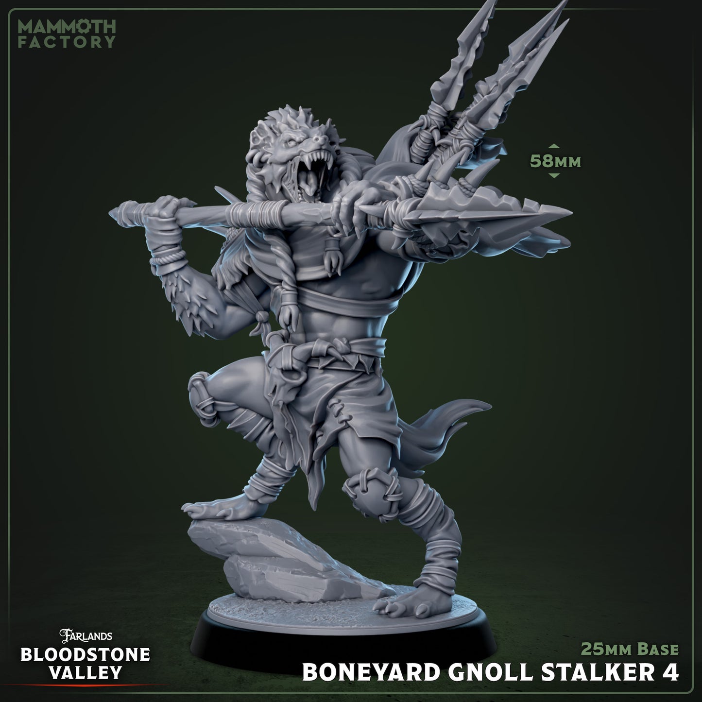 Boneyard Gnoll Stalkers resin miniature set from Bloodstone Valley, fantasy monsters with spears on 25mm bases, available DIY kit, raw, primed, or painted.