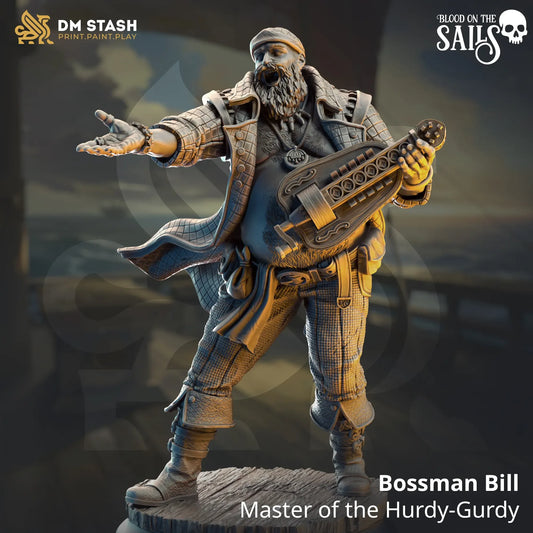 Bossman Bill pirate bard miniature playing hurdy-gurdy for TTRPG