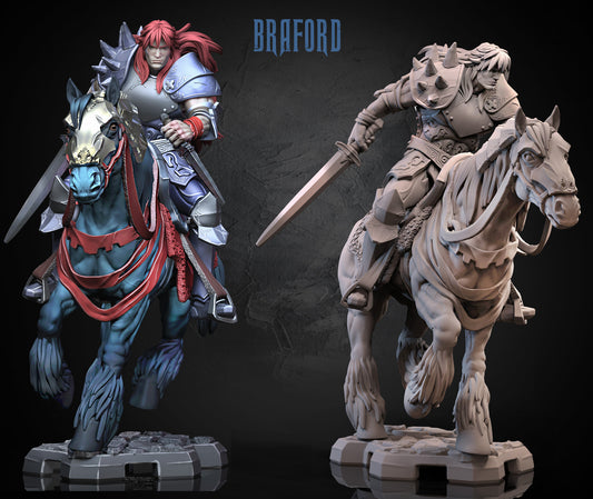 Knight Braford mounted resin miniature riding warhorse with sword – available DIY Kit, Raw, Primed, Painted