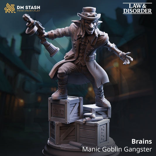 Brains manic goblin gangster resin miniature figure standing on TNT crates fantasy villain sculpt