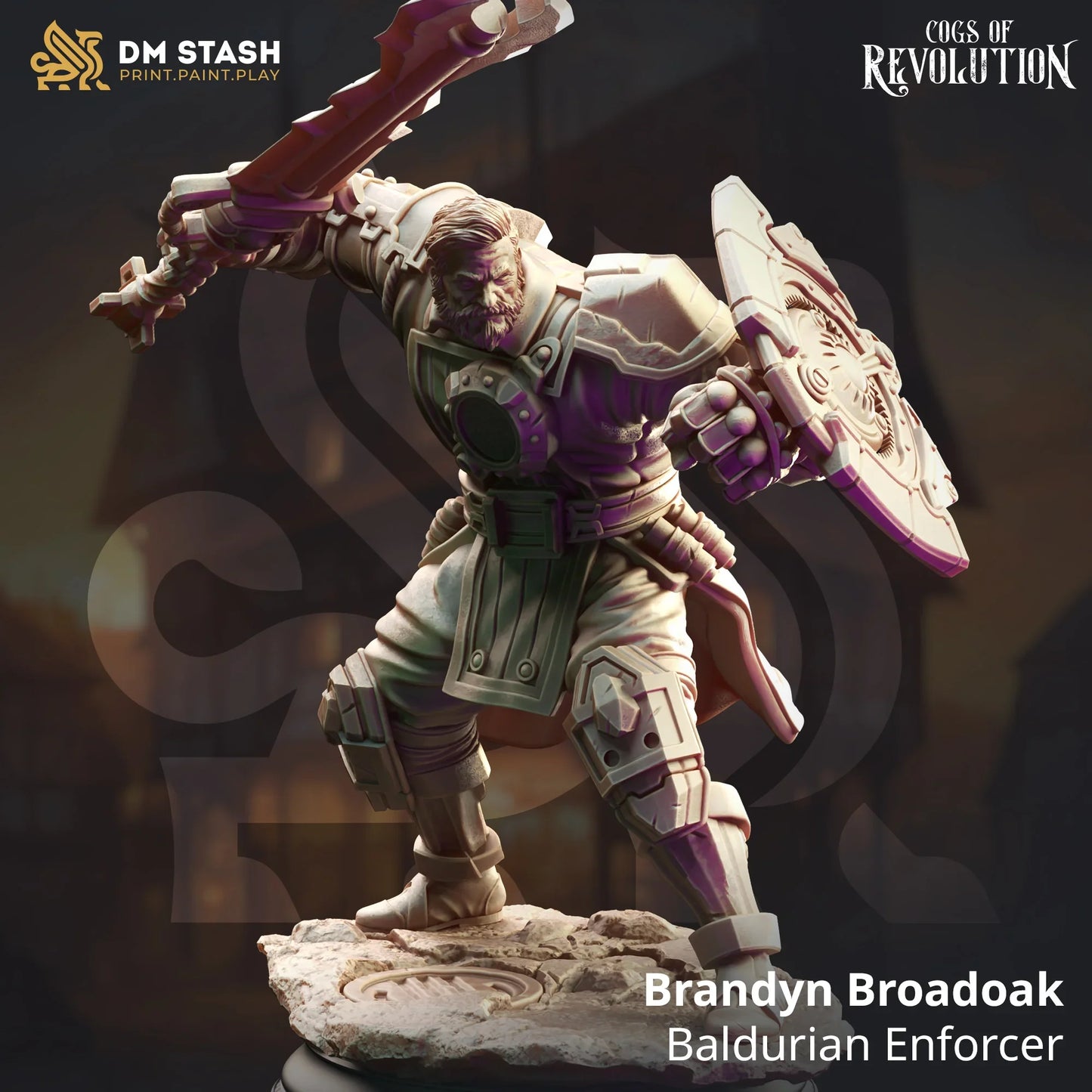 Brandyn Broadoak human artificer enforcer with sword and shield