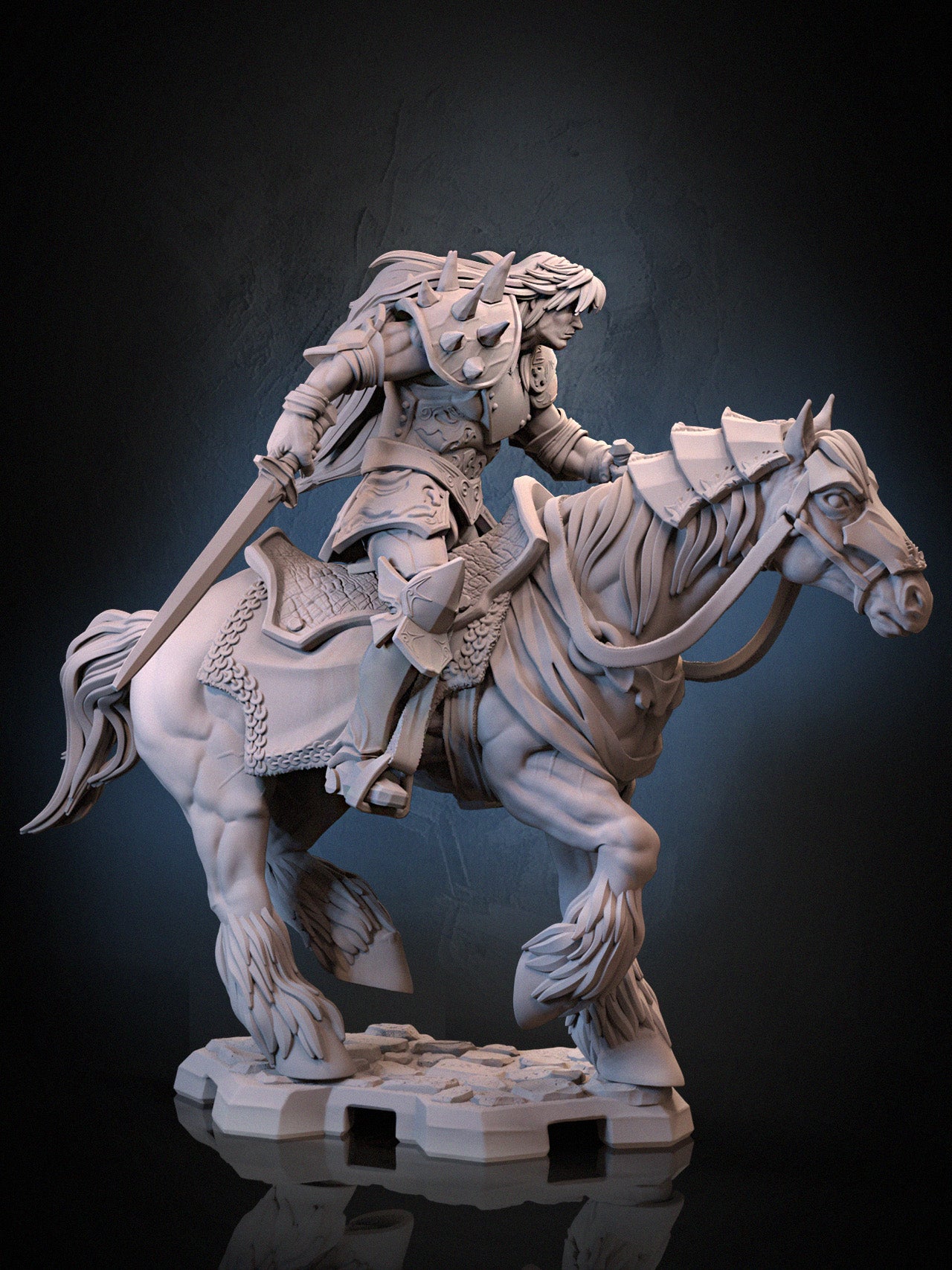Knight Braford mounted resin miniature riding warhorse with sword – available DIY Kit, Raw, Primed, Painted
