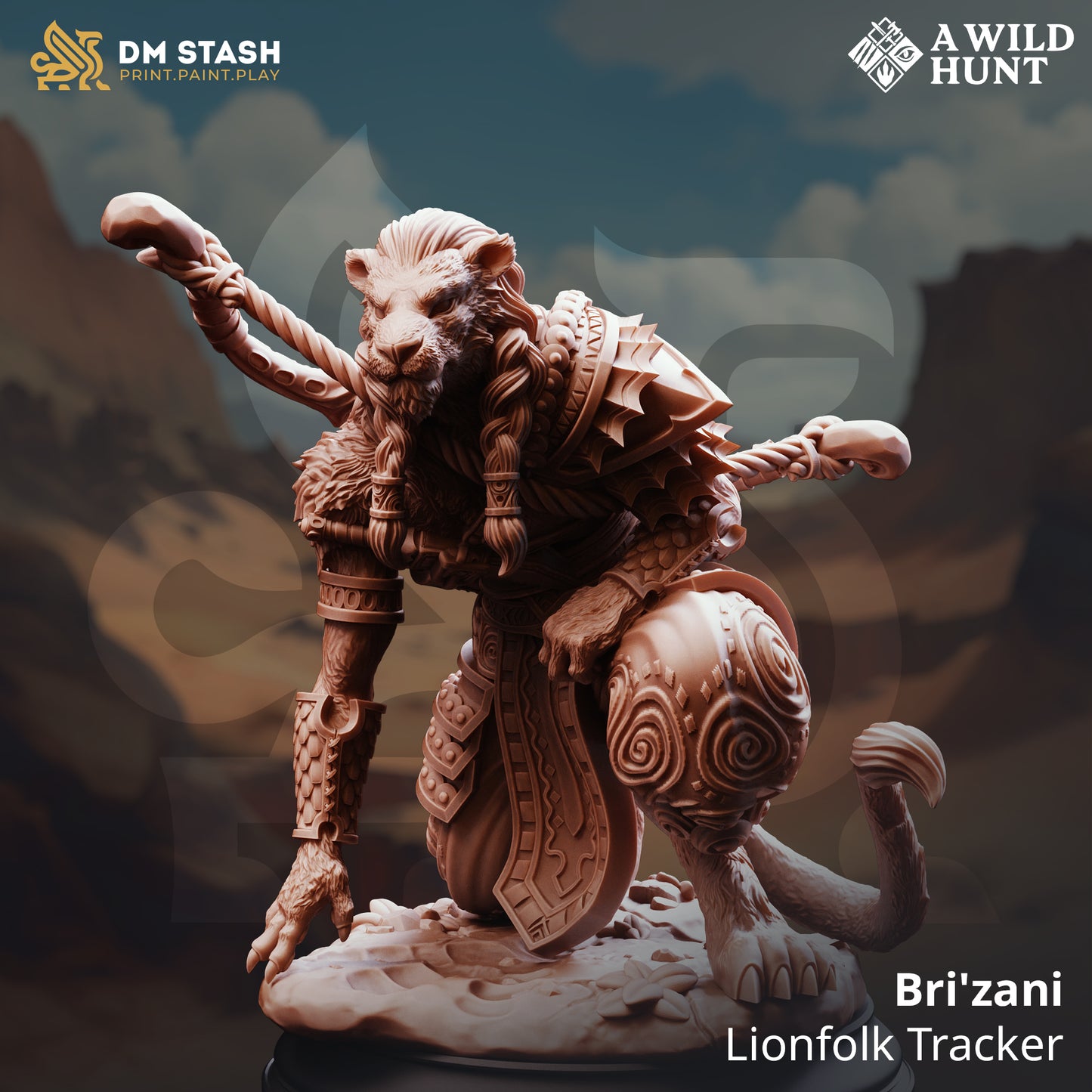Bri’zani Lionfolk Tracker resin miniature – fantasy lion warrior kneeling pose with tribal armor for TTRPG and display painting.