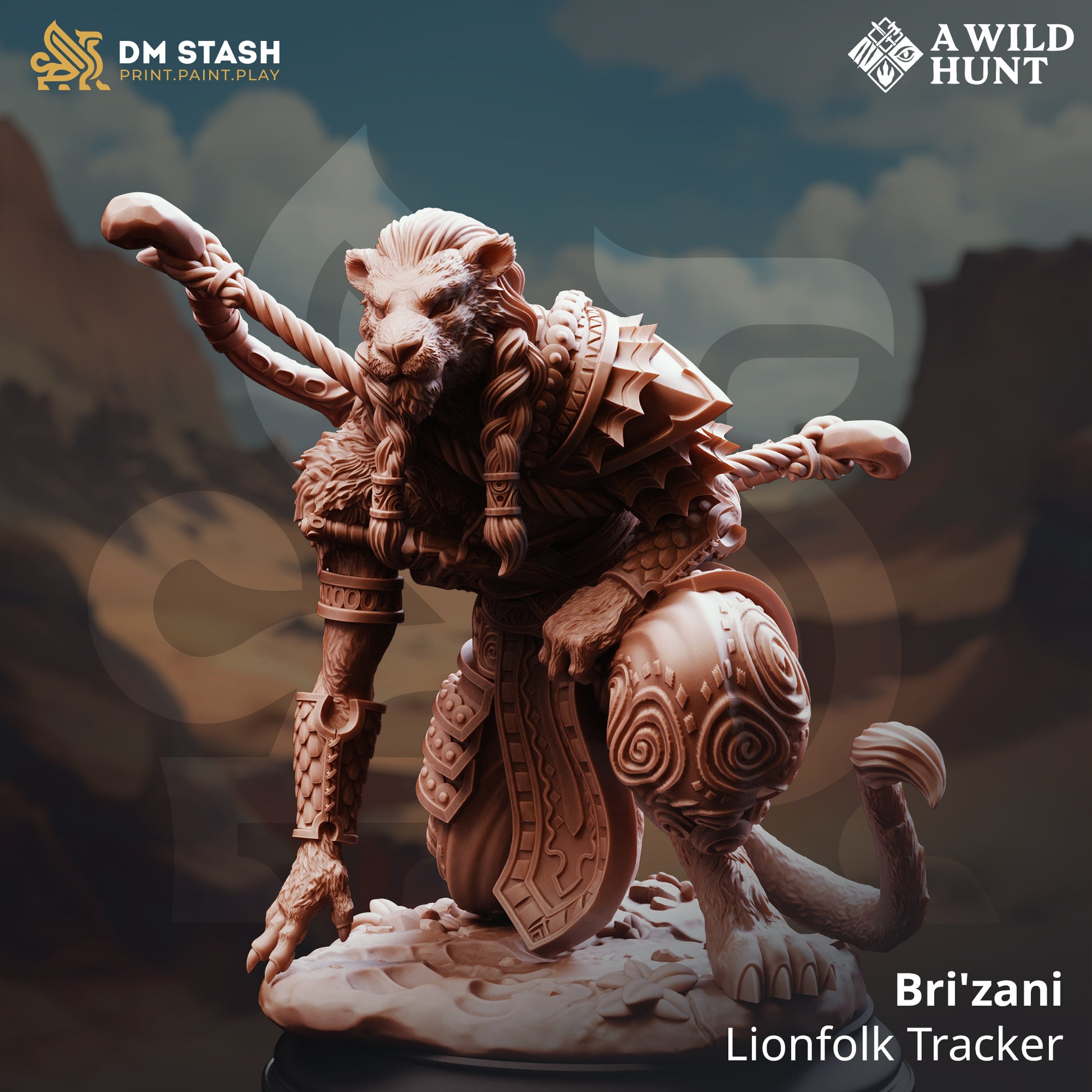 Bri’zani Lionfolk Tracker resin miniature – fantasy lion warrior kneeling pose with tribal armor for TTRPG and display painting.