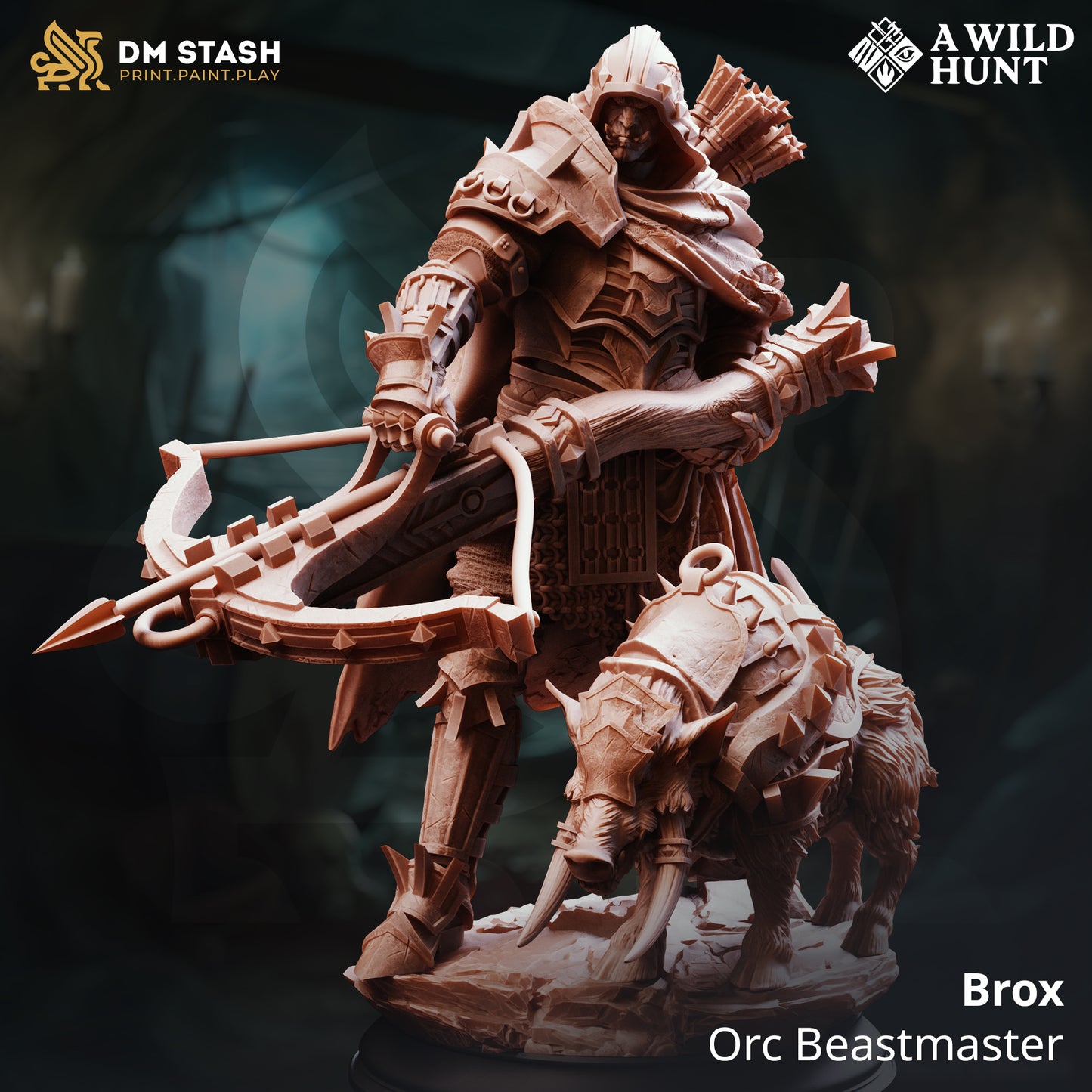 Brox Orc Beastmaster resin miniature – fantasy orc hunter with crossbow and boar companion for TTRPG and display painting.